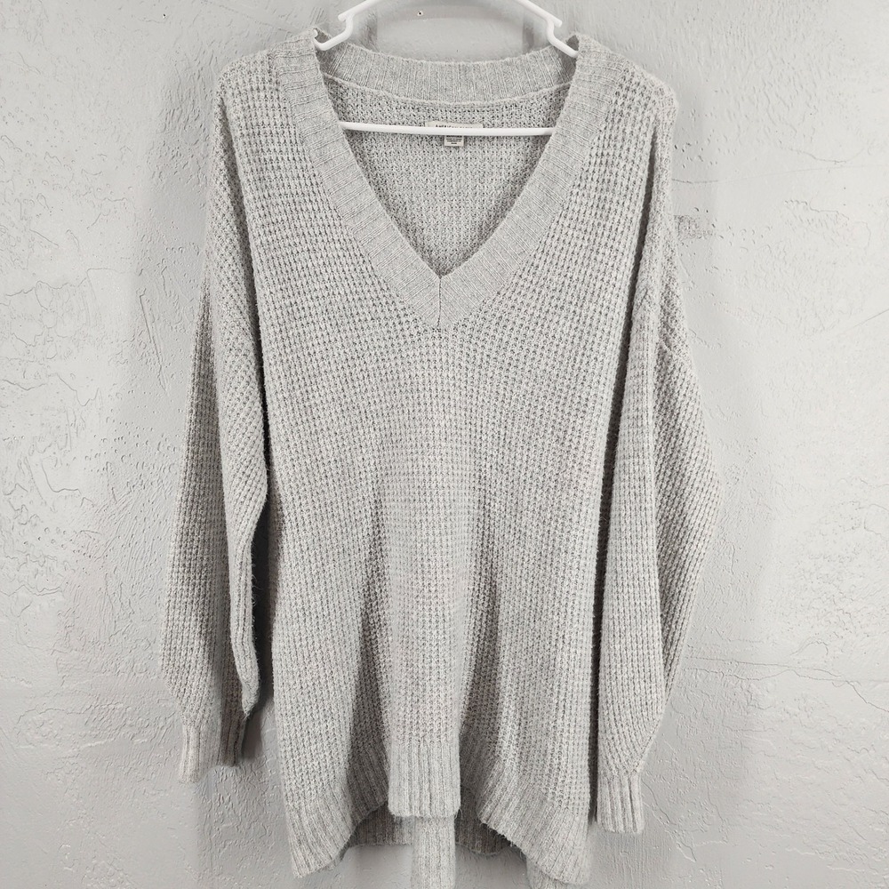 American Eagle Gray V-Neck Oversized Waffle Knit Pullover Sweater Womens‎ XS